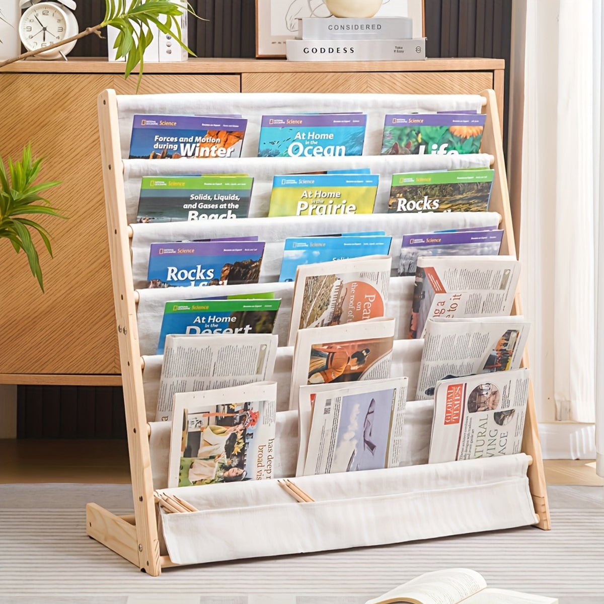 Desktop Book Display Stand Canvas Pockets Solid Wood