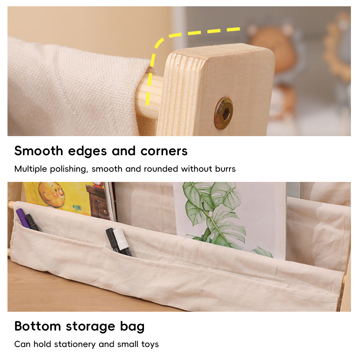 Desktop Book Display Stand Canvas Pockets Solid Wood