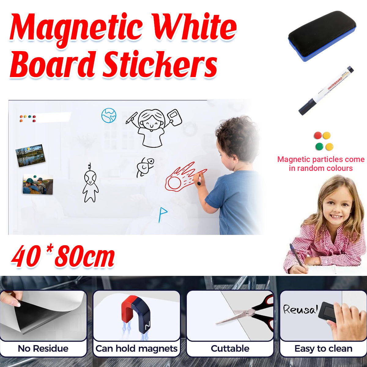 Magnetic Whiteboard Sticker 40×80cm Dry Erase Adhesive