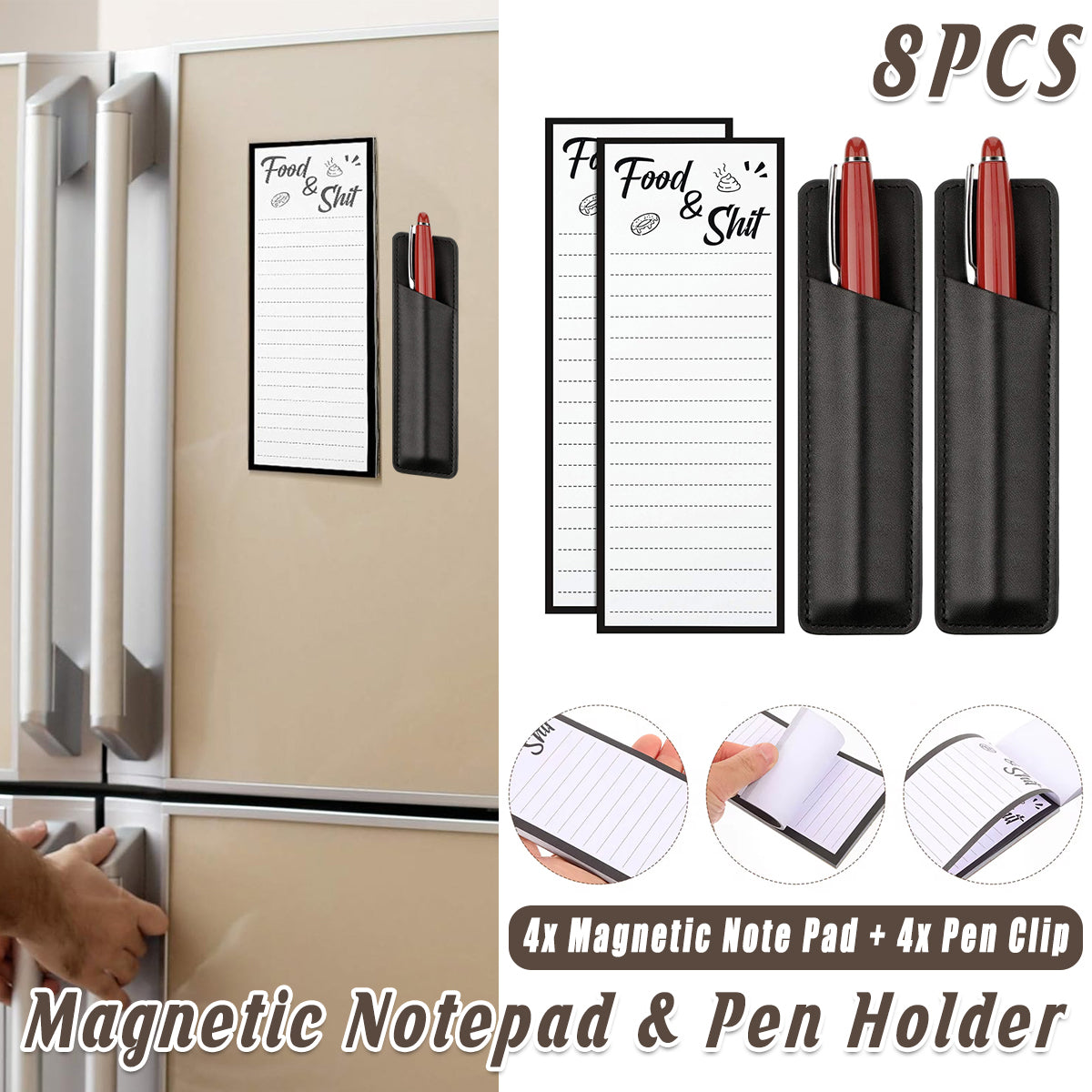 4 Pcs Magnetic Fridge Memo Pads with 4 Pen Holders 50 Sheets