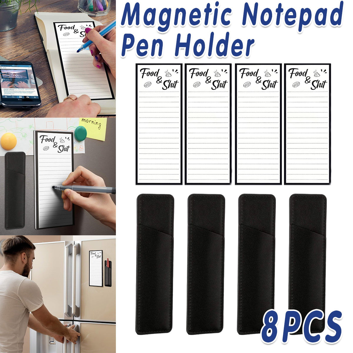 4 Pcs Magnetic Fridge Memo Pads with 4 Pen Holders 50 Sheets
