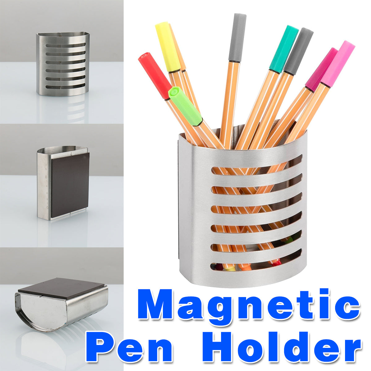 Stainless Steel Magnetic Pen Holder Slotted Design Silver