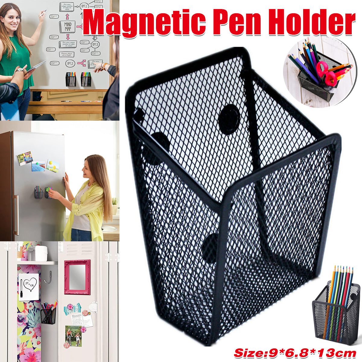 Magnetic Mesh Pen Holder Square Black Iron Desk Organizer