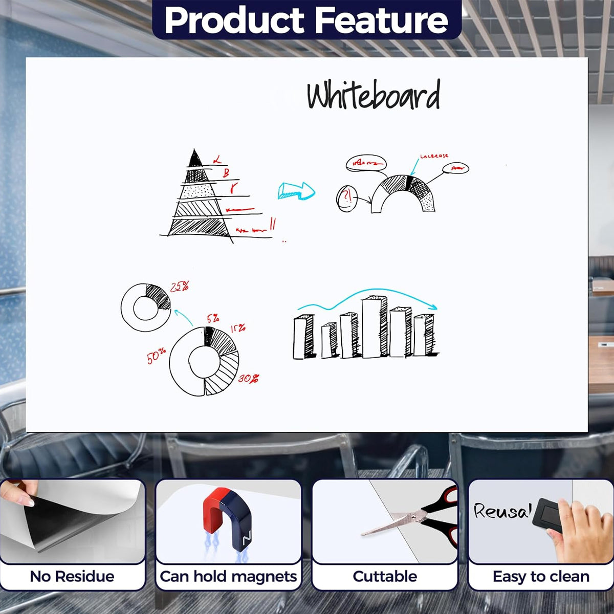 Magnetic Whiteboard Sticker 40×80cm Dry Erase Adhesive