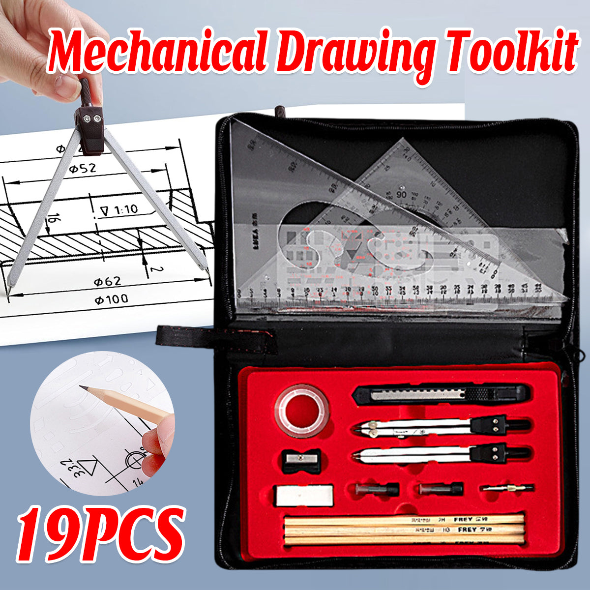 19 Pcs Mechanical Engineering Drafting Tool Kit