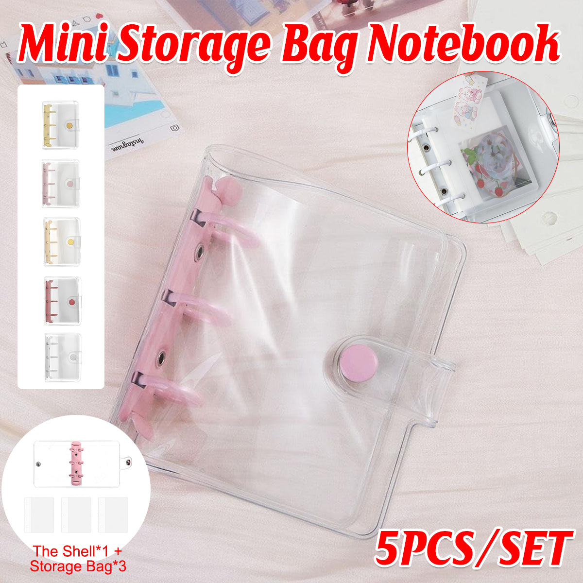 5 Pcs Mini PVC Binders 3-Hole Transparent Cover Assorted Colours