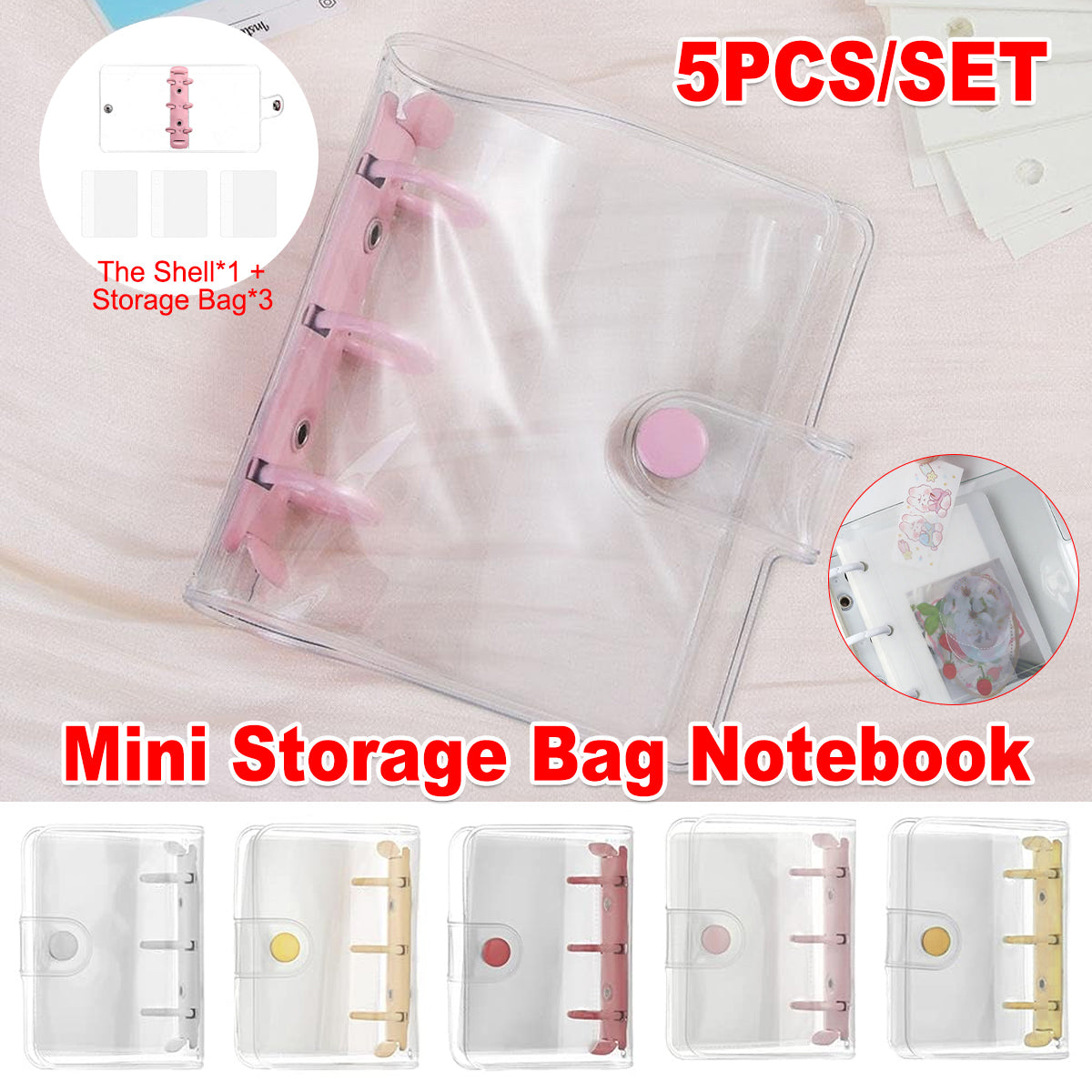 5 Pcs Mini PVC Binders 3-Hole Transparent Cover Assorted Colours