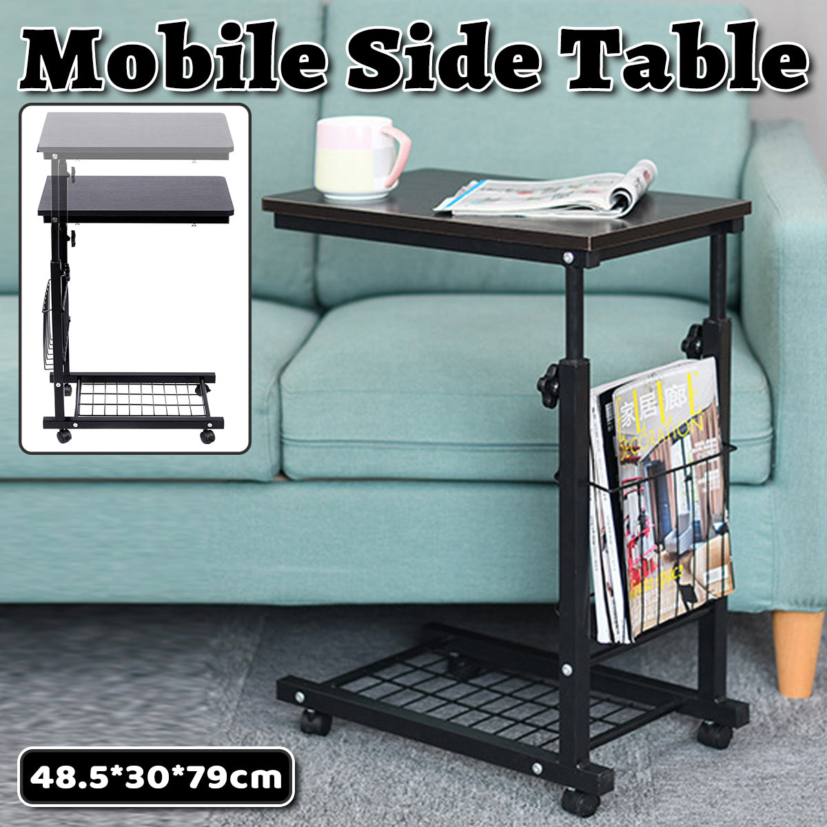 Mobile Adjustable Side Table with Storage Basket and Shelf