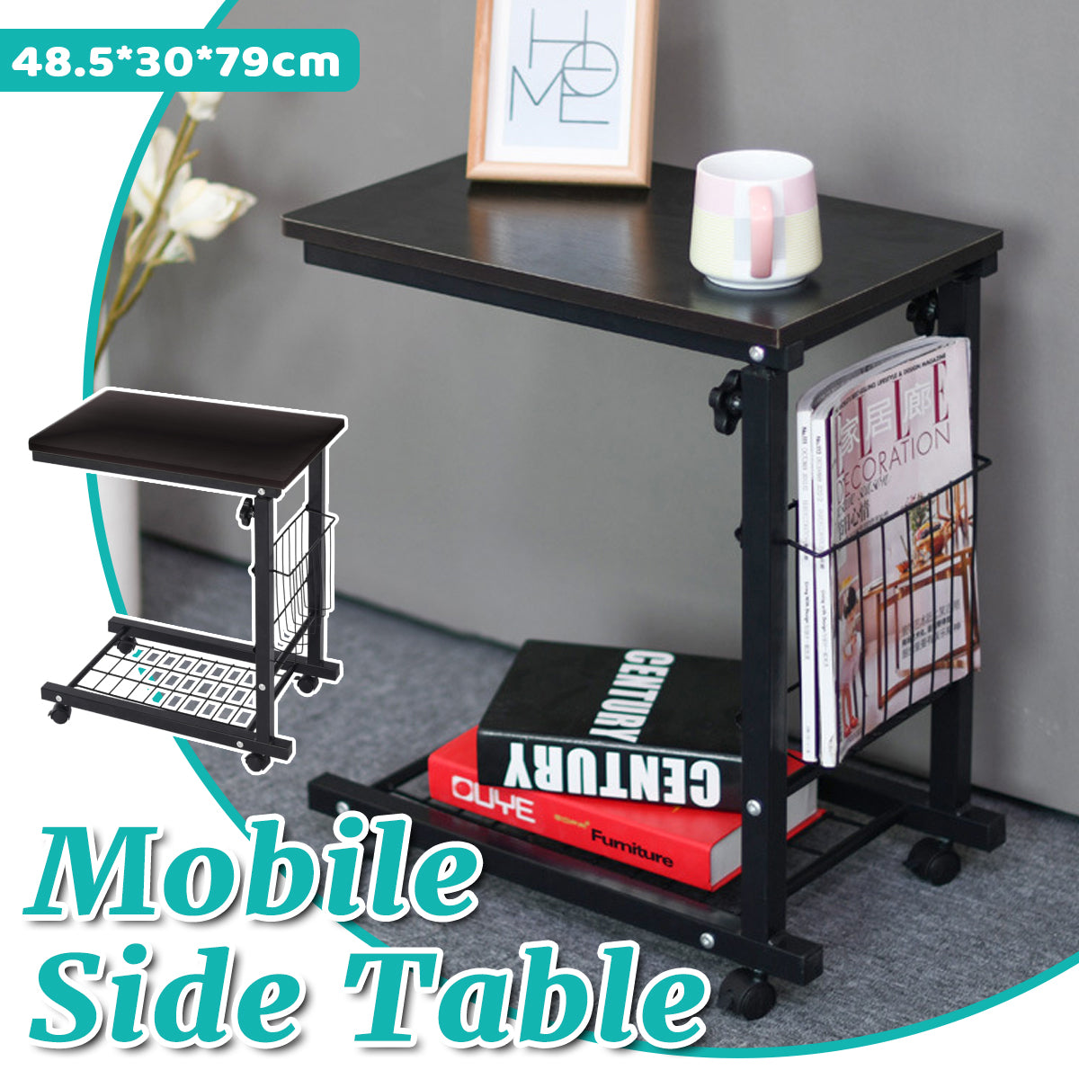 Mobile Adjustable Side Table with Storage Basket and Shelf