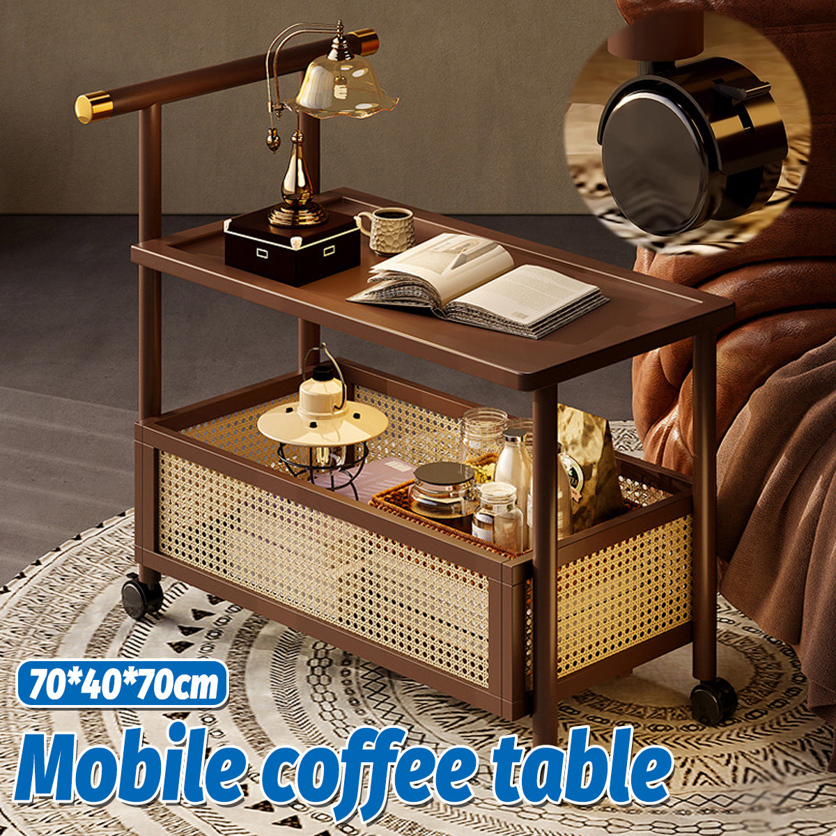 Bamboo Mobile Coffee Table with Wheels and Storage Shelf