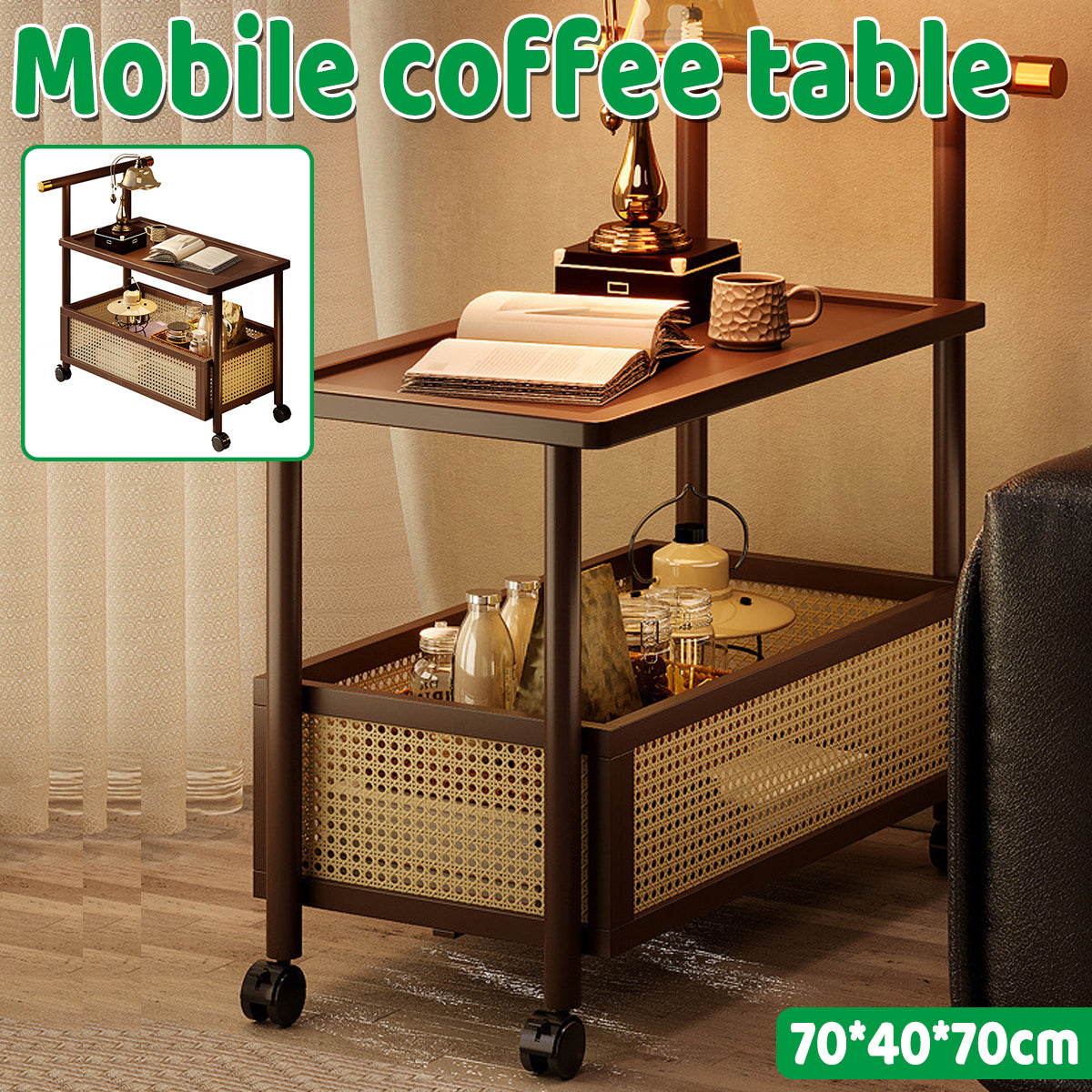 Bamboo Mobile Coffee Table with Wheels and Storage Shelf