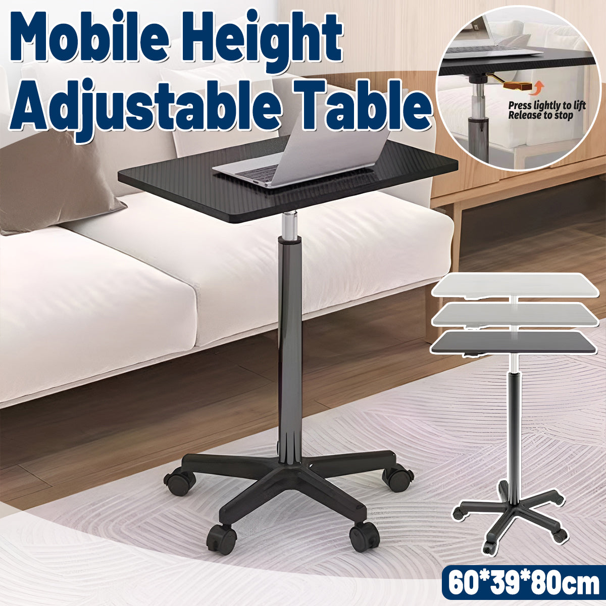 Mobile Height Adjustable Table with Wheels for Home Office Work