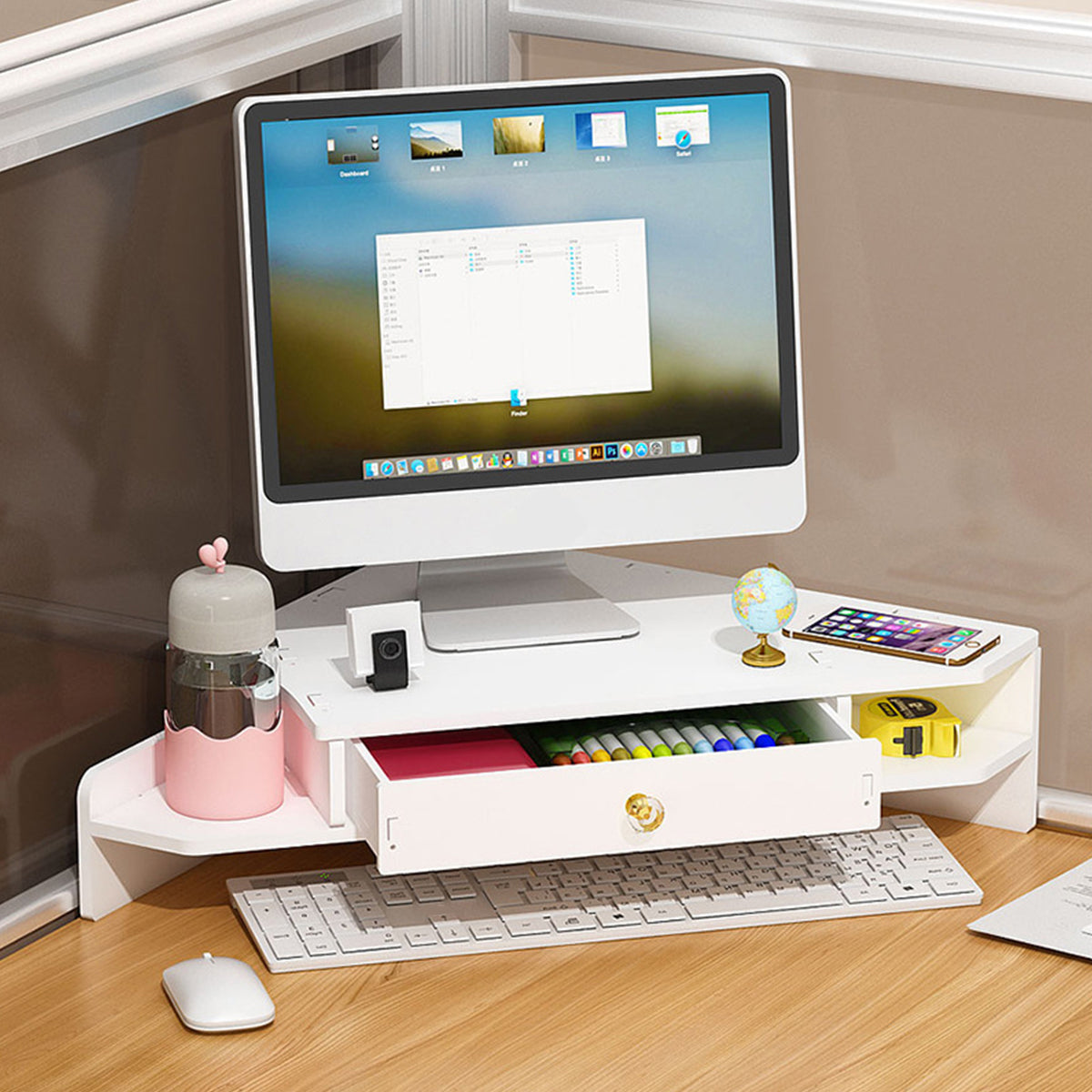Corner Monitor Stand with Storage Shelves