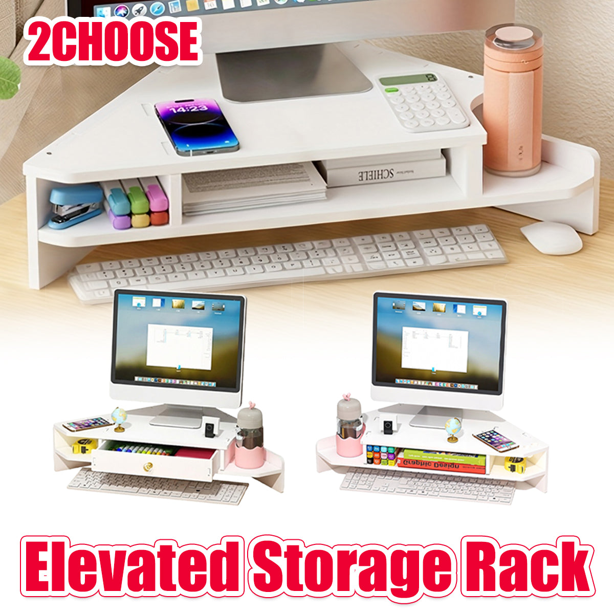 Corner Monitor Stand with Storage Shelves