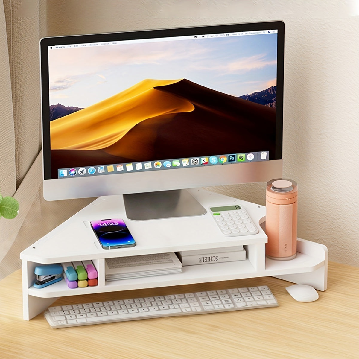 Corner Monitor Stand with Storage Shelves