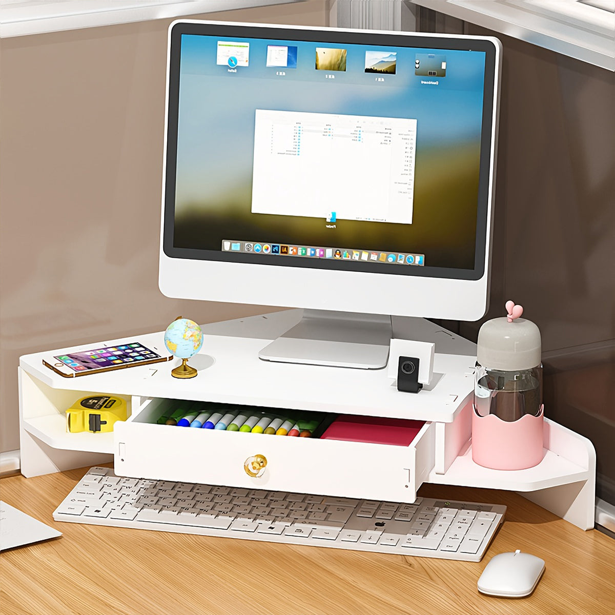 Corner Monitor Stand with Storage Shelves