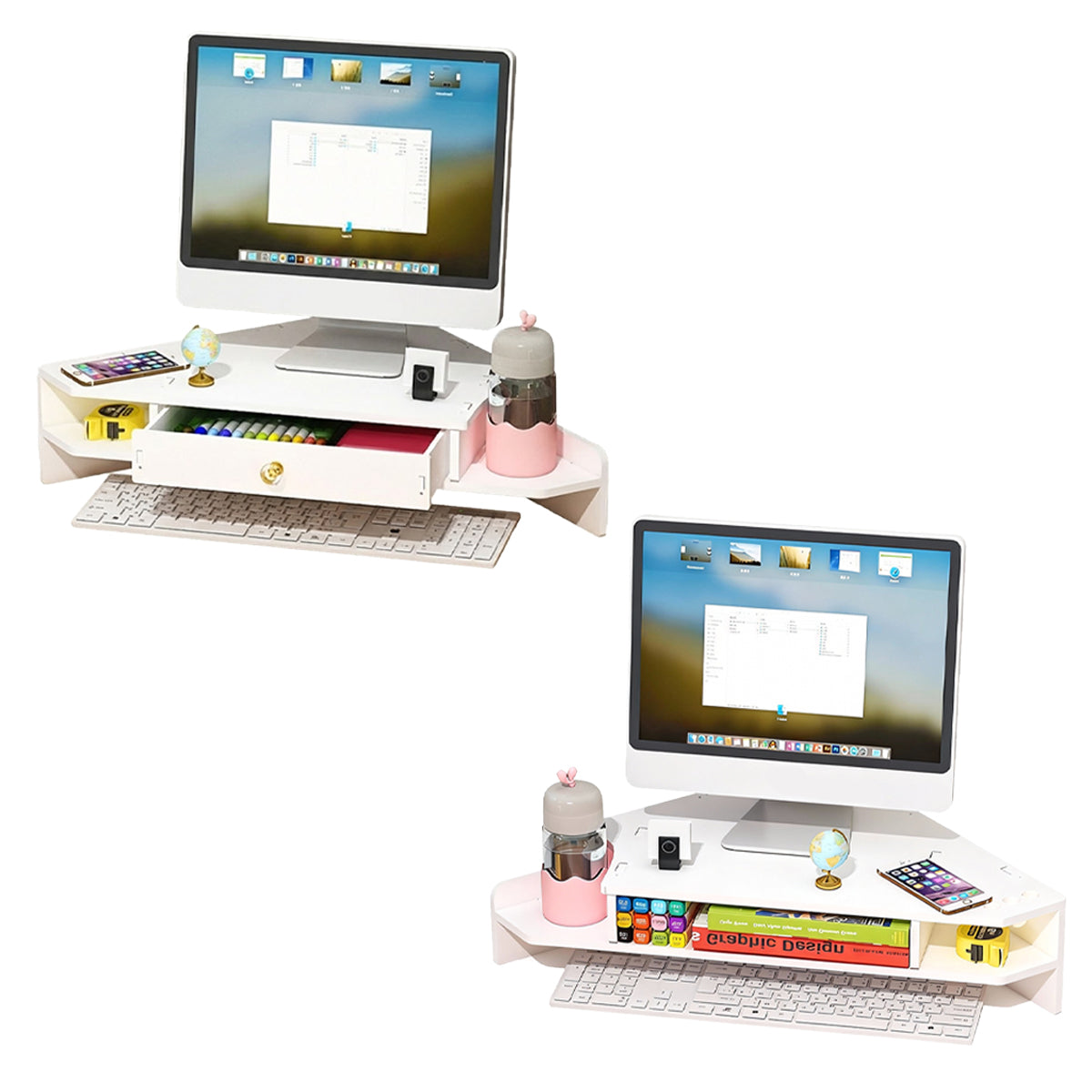 Corner Monitor Stand with Storage Shelves