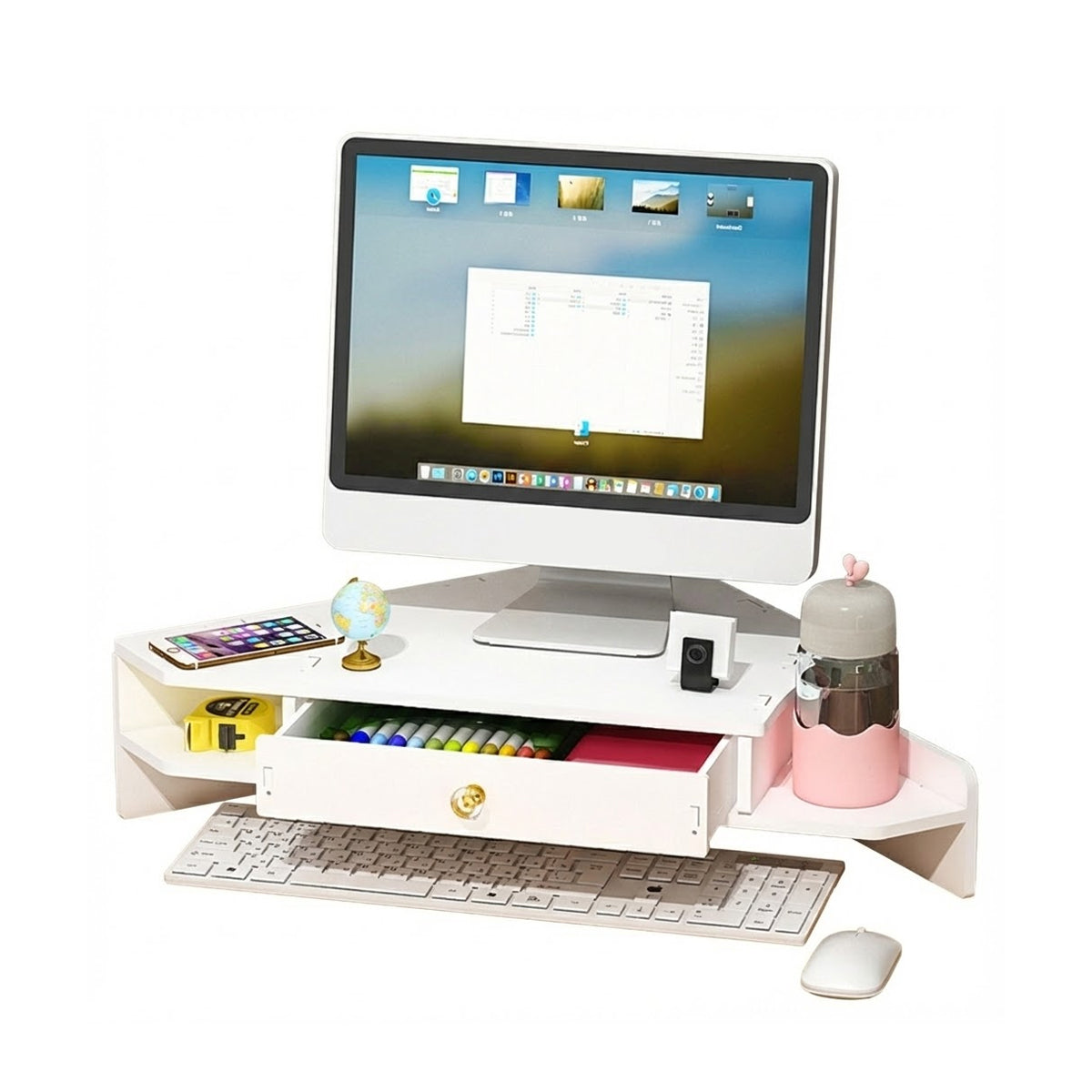 Corner Monitor Stand with Storage Shelves