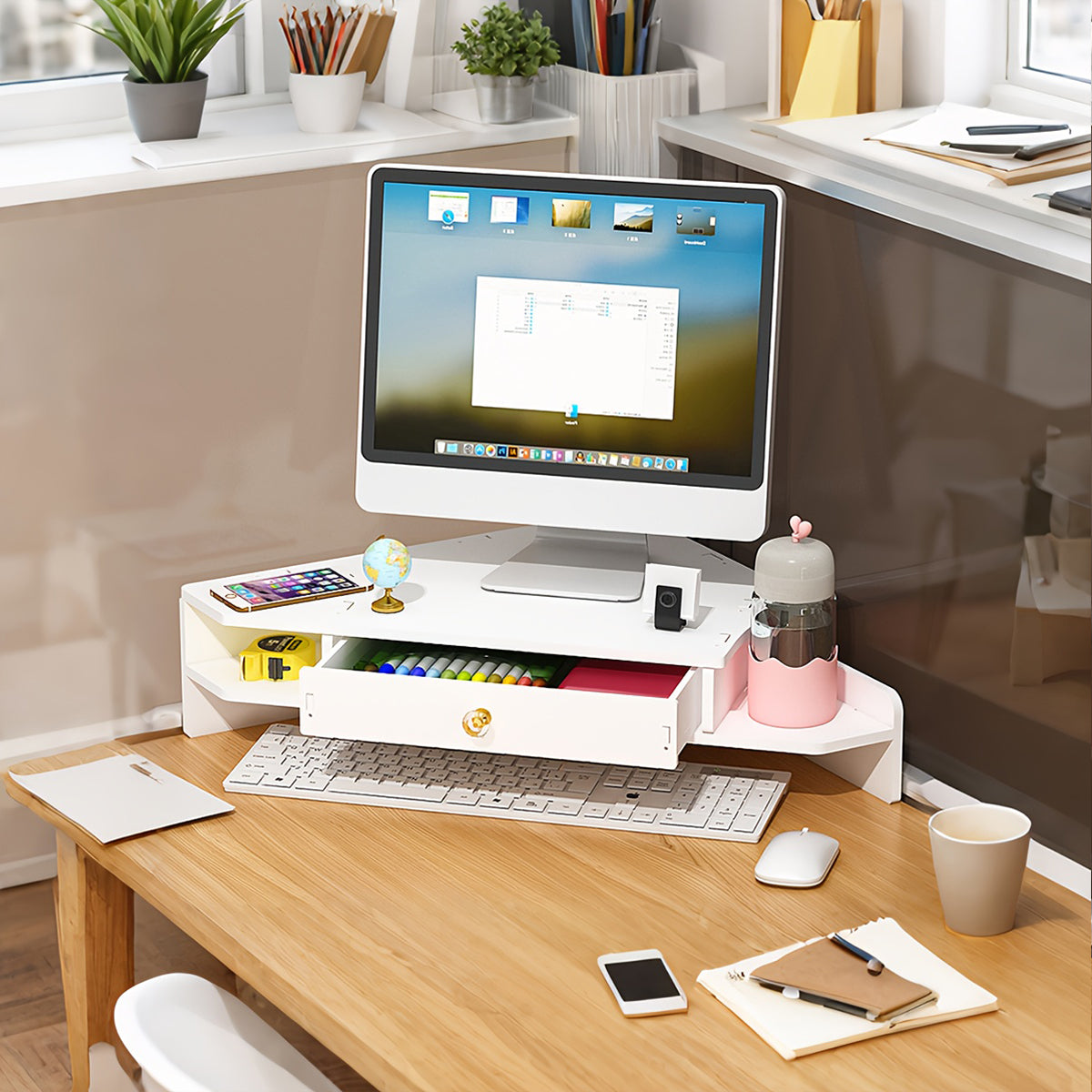 Corner Monitor Stand with Storage Shelves