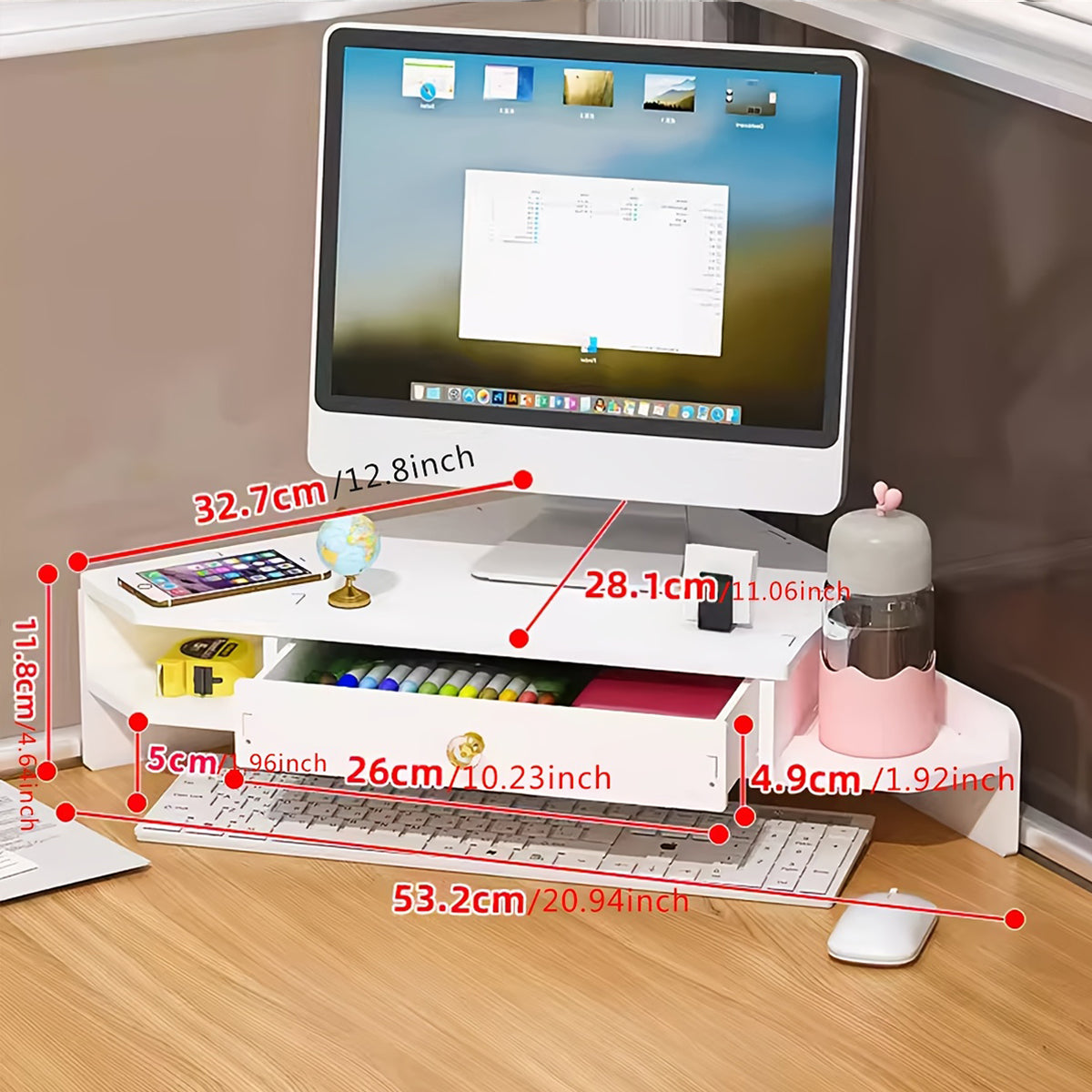 Corner Monitor Stand with Storage Shelves