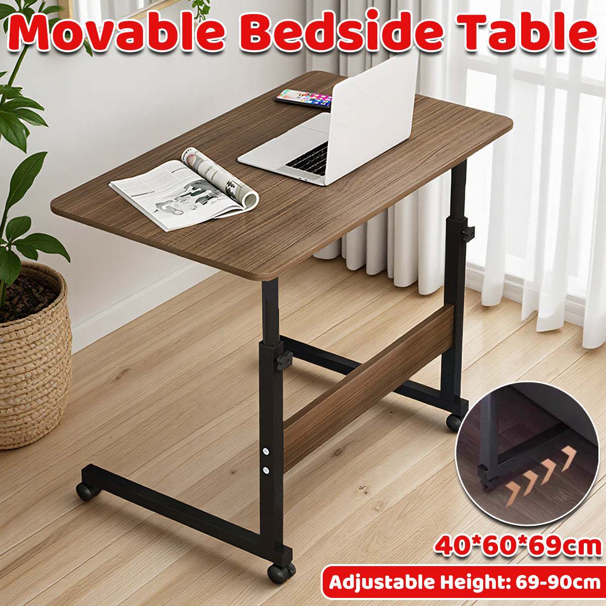 Mobile Bedside Table with Adjustable Height and Wooden-Tone Desktop