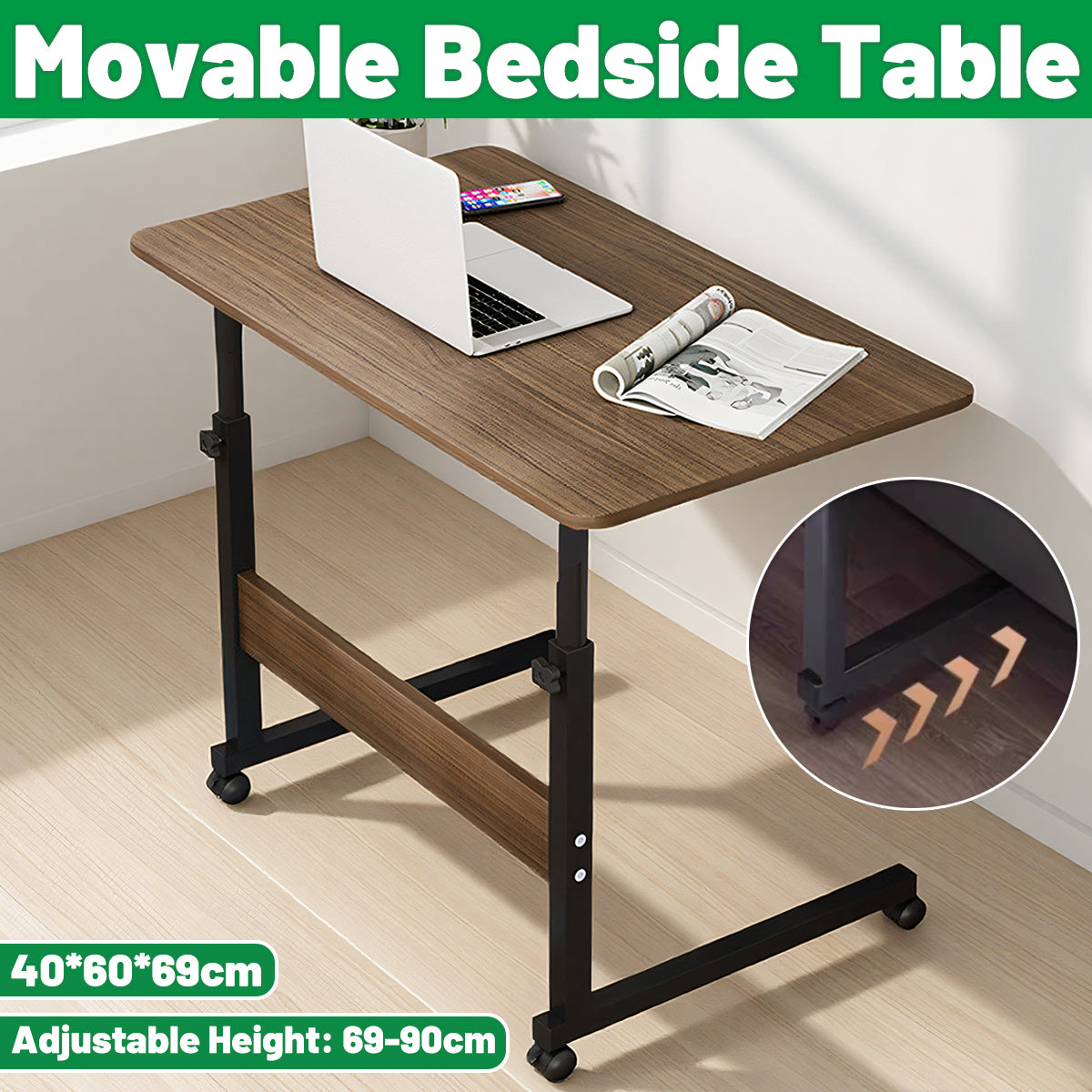 Mobile Bedside Table with Adjustable Height and Wooden-Tone Desktop
