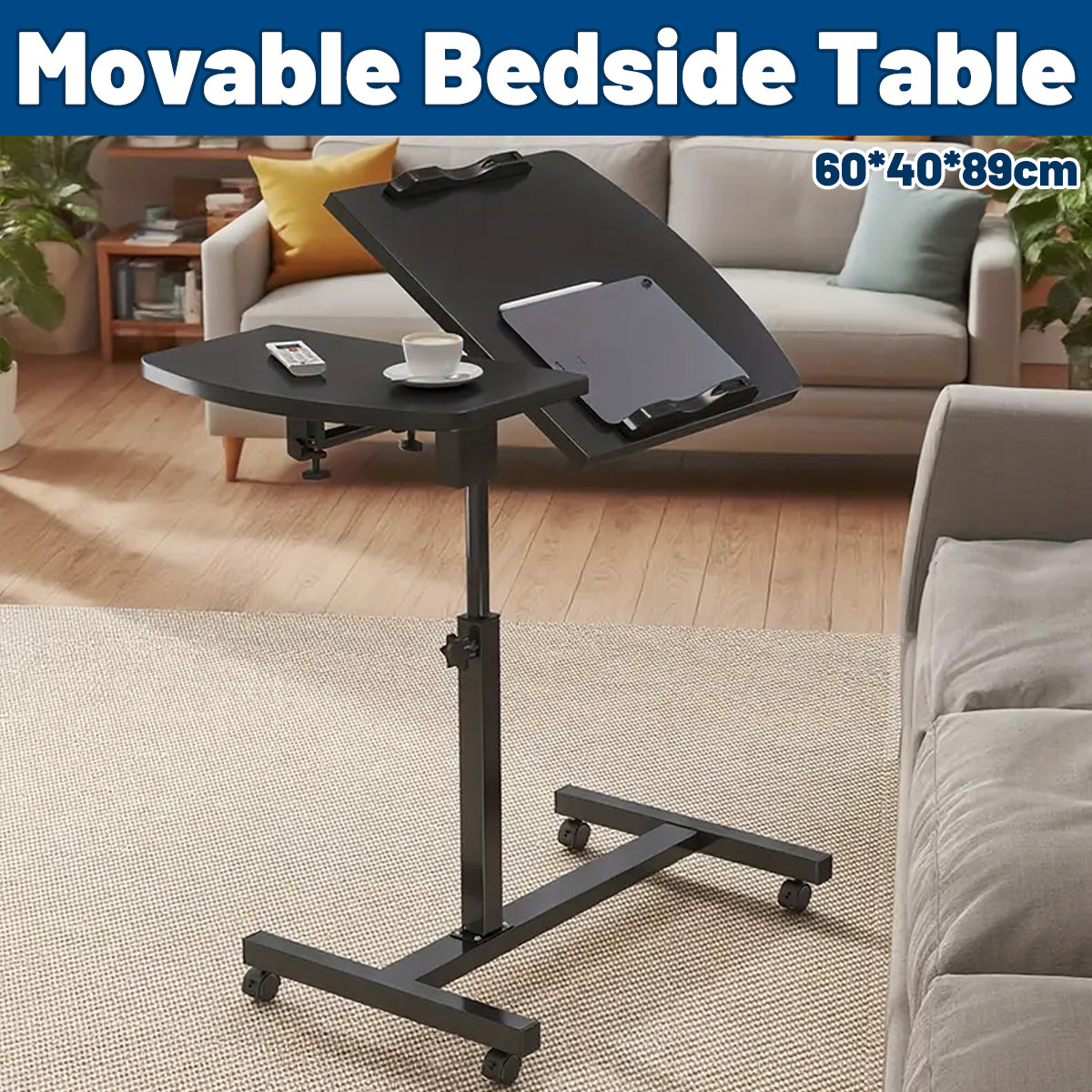 Mobile Height Adjustable Rotatable Bedside Table with Wheels