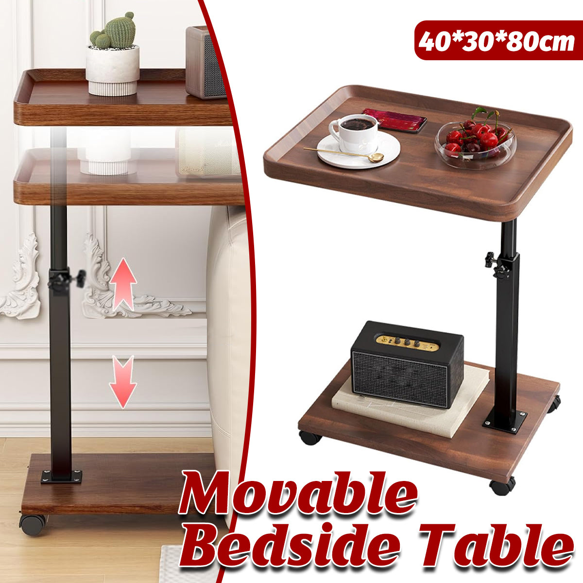 U-Shaped Mobile Side Table Bedside Trolley with Wheels
