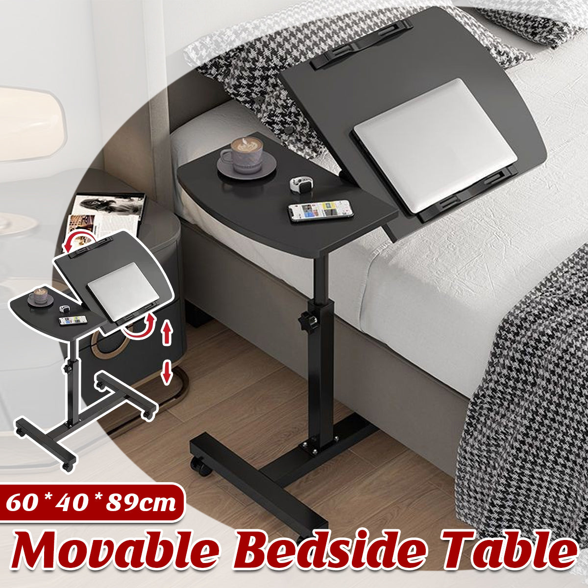 Mobile Height Adjustable Rotatable Bedside Table with Wheels