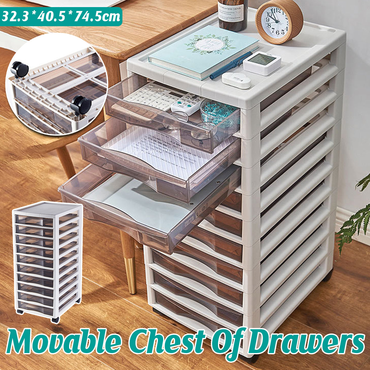 10-Layer Plastic Chest of Drawers with Wheels Transparent