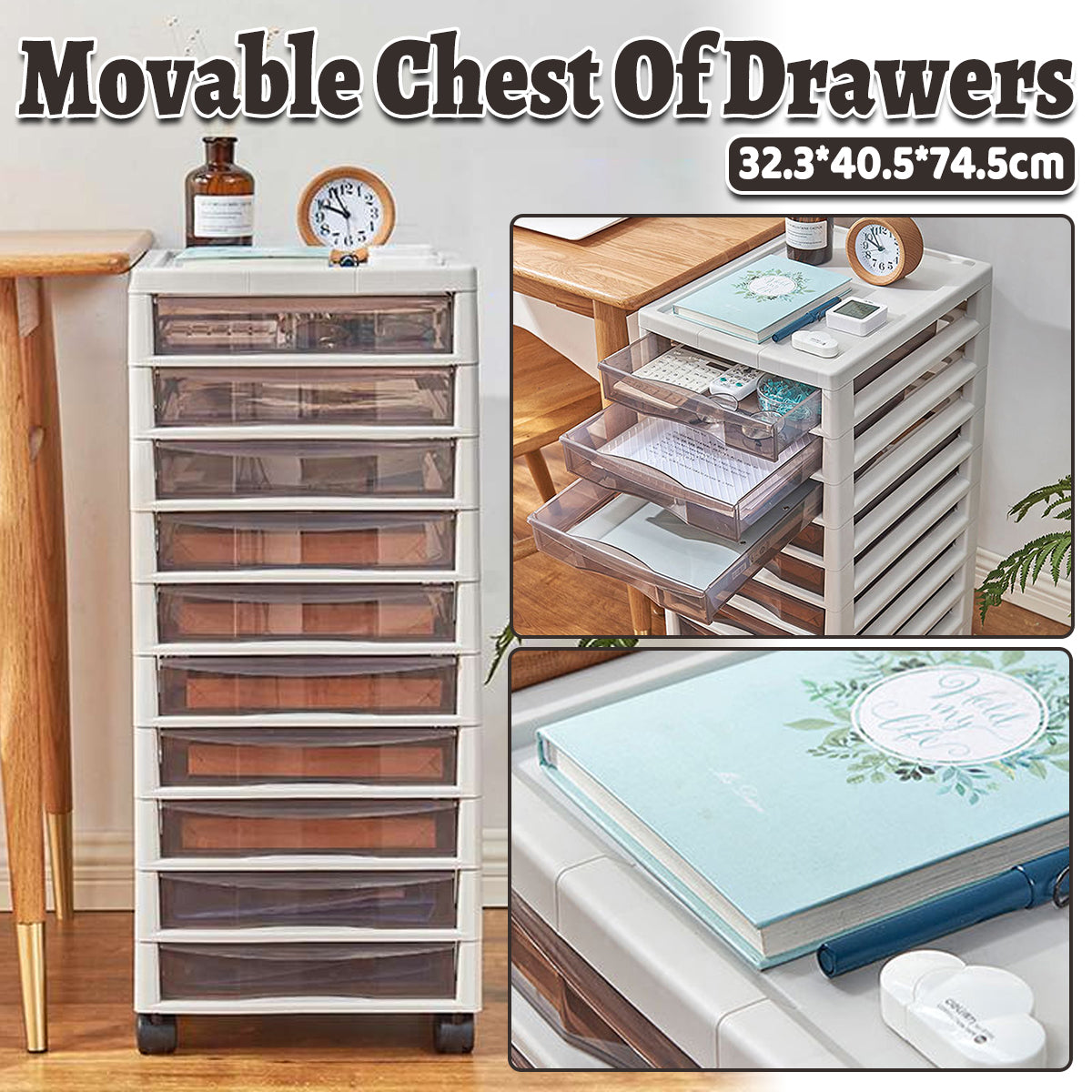 10-Layer Plastic Chest of Drawers with Wheels Transparent