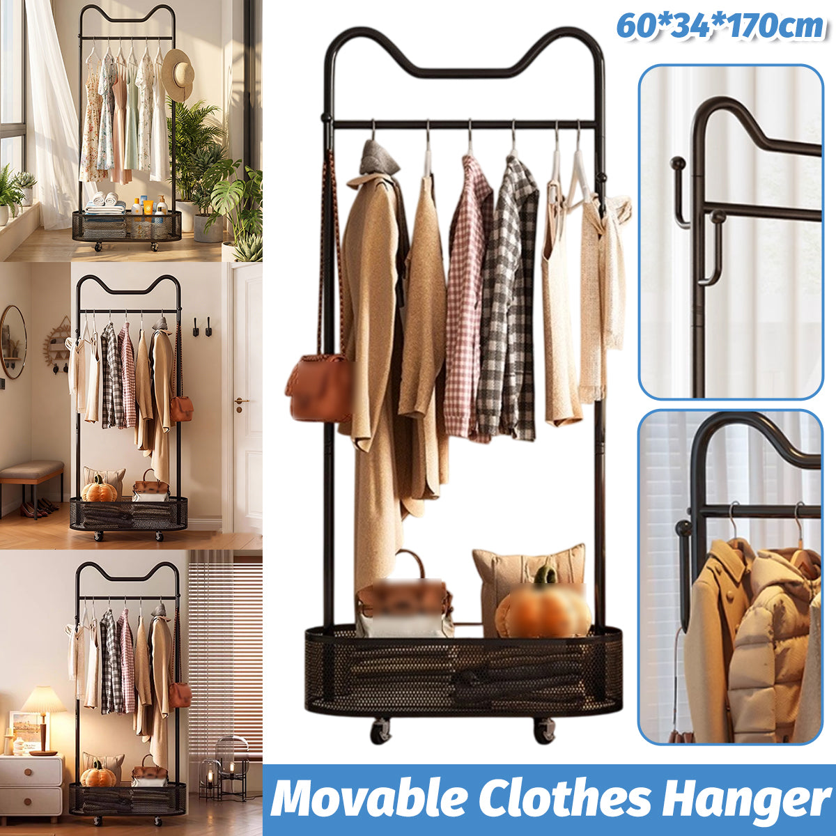 Moveable Clothes Rack with Wheels Basket and Hooks