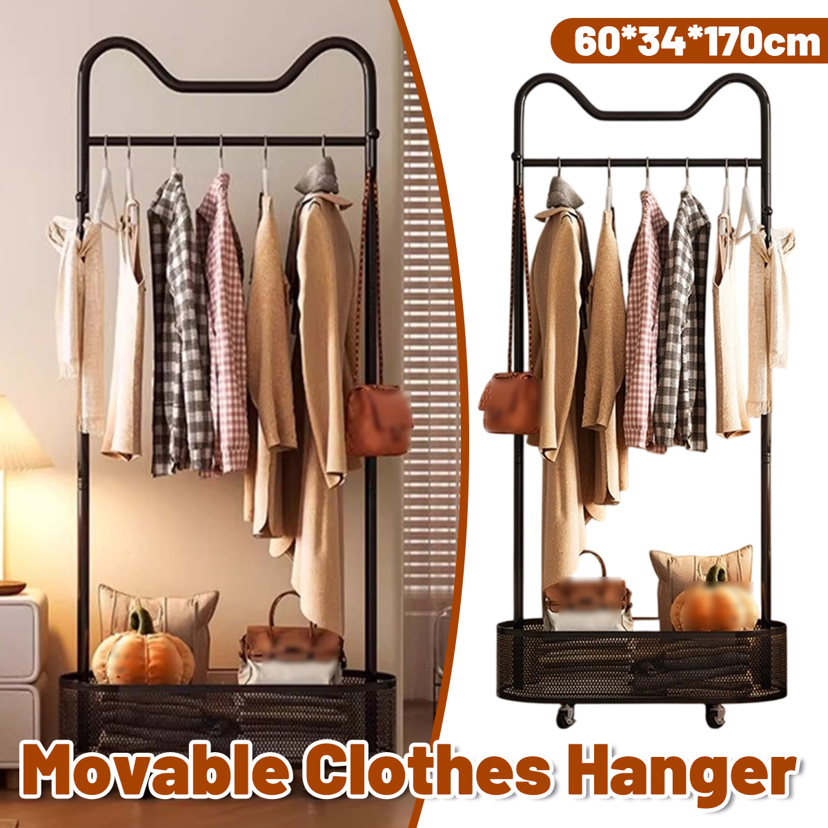 Moveable Clothes Rack with Wheels Basket and Hooks