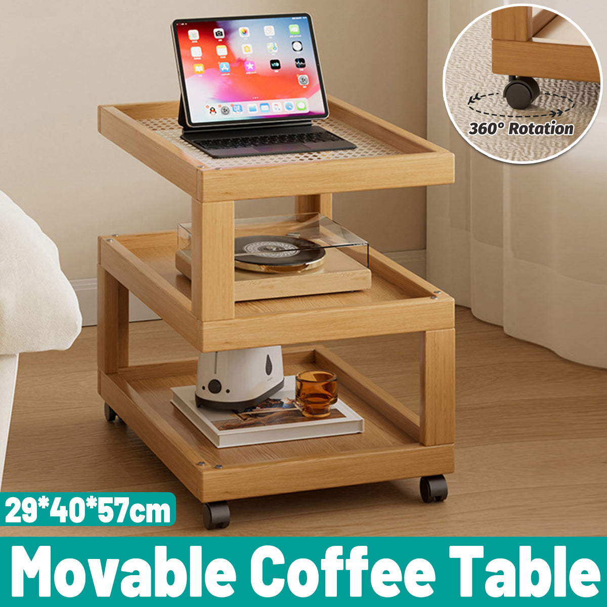 Movable Coffee Table with Universal Wheels Rattan Laminate Top