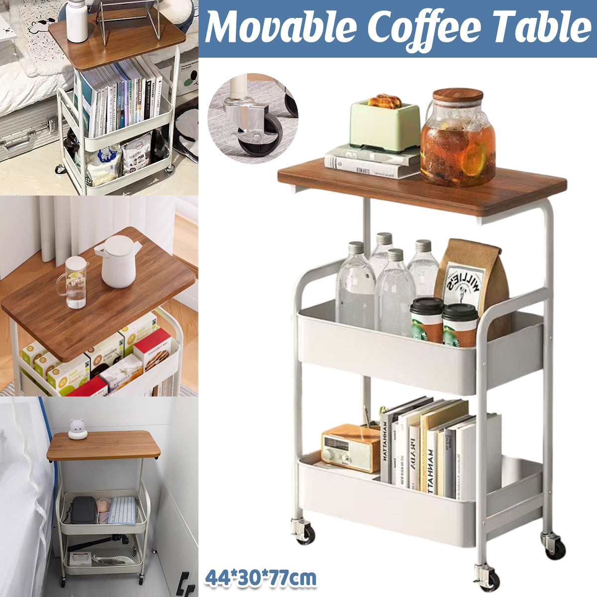 Multi Layer Coffee Table with Rolling Wheels Storage Rack