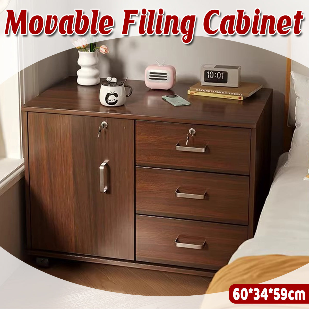 Lockable Movable Filing Cabinet with Wheels Large Capacity