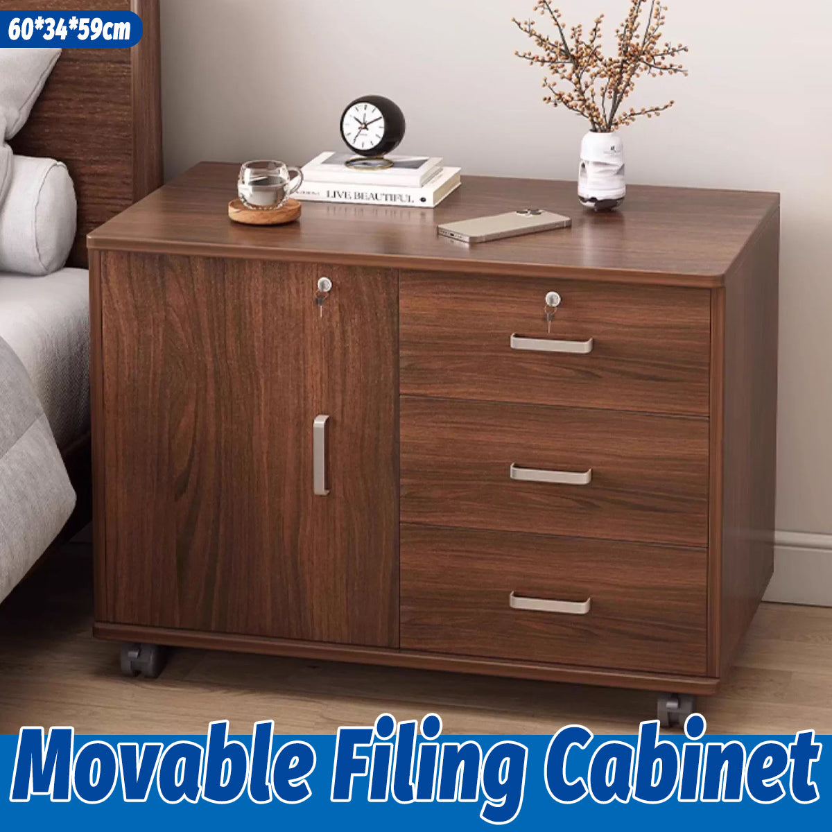 Lockable Movable Filing Cabinet with Wheels Large Capacity