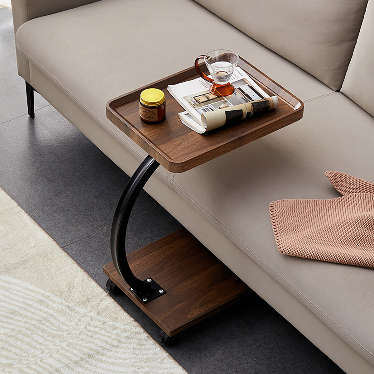 Movable C-Shaped Side Table with Wheels for Sofa