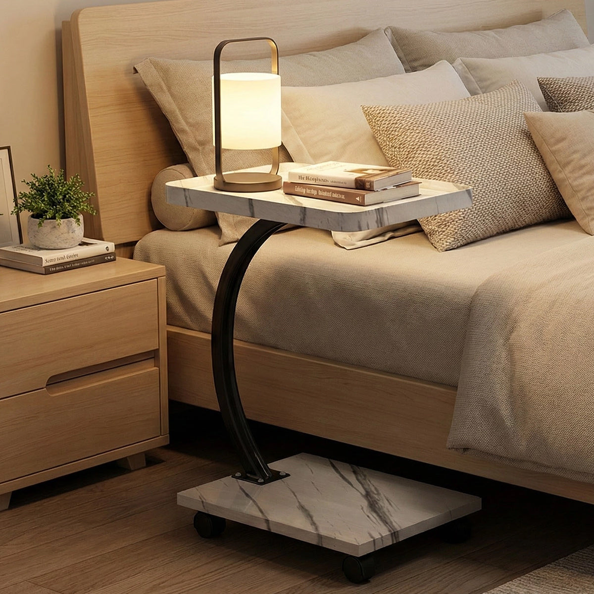 Movable C-Shaped Side Table with Wheels for Sofa