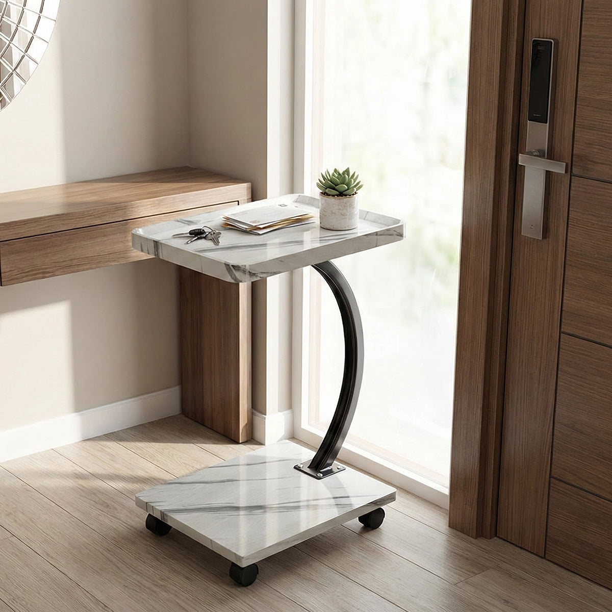 Movable C-Shaped Side Table with Wheels for Sofa