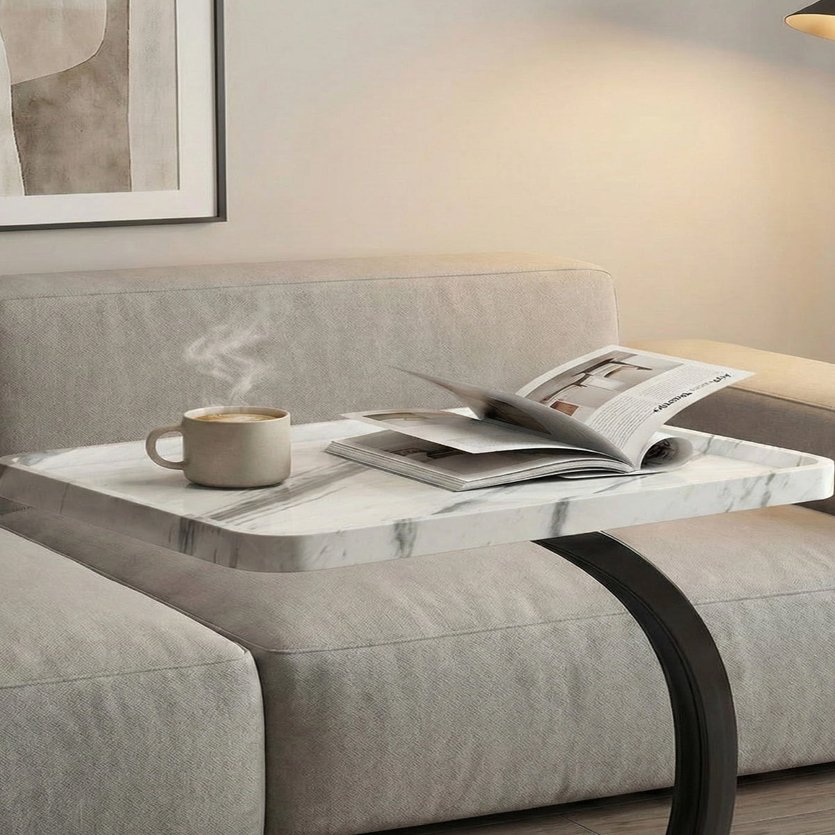 Movable C-Shaped Side Table with Wheels for Sofa