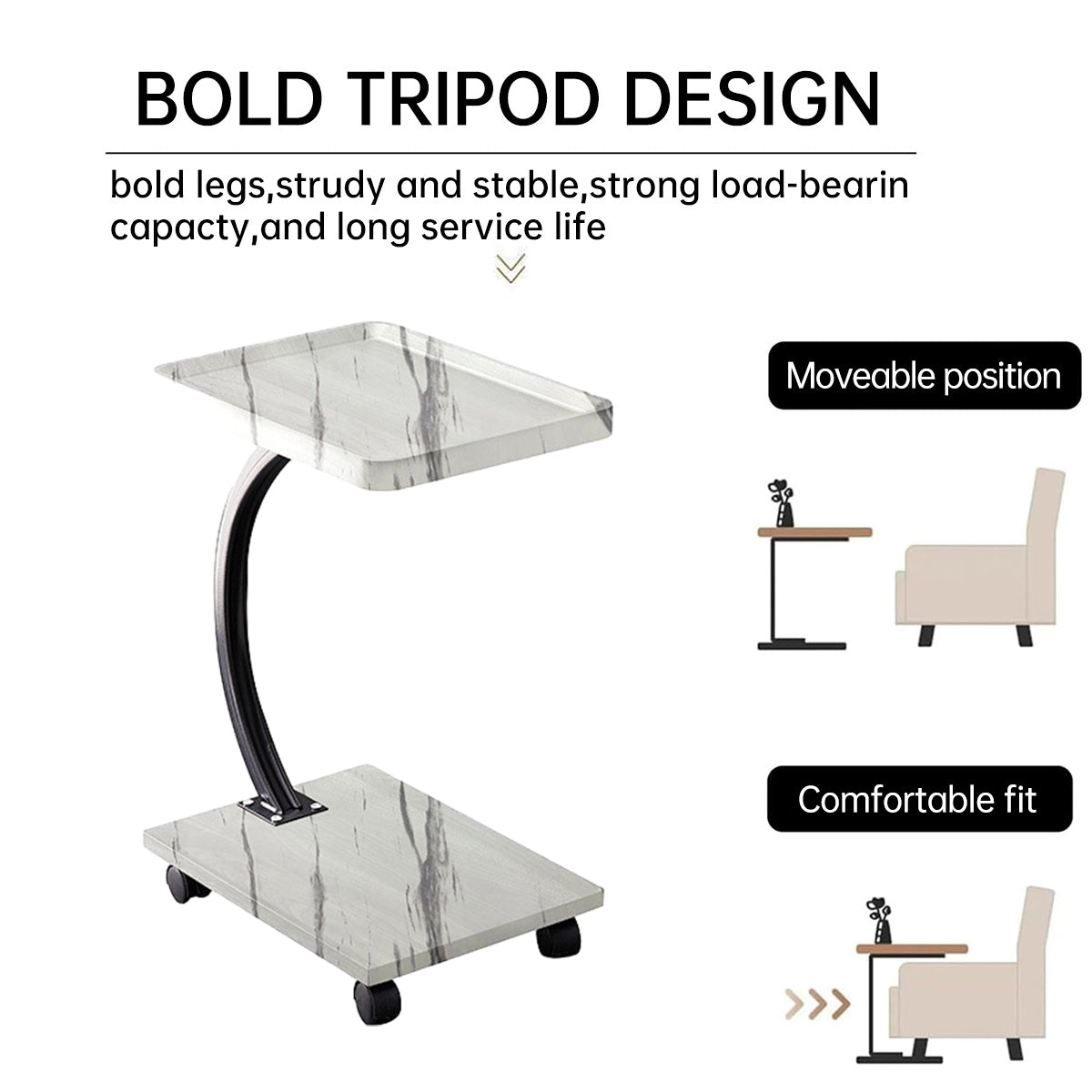 Movable C-Shaped Side Table with Wheels for Sofa