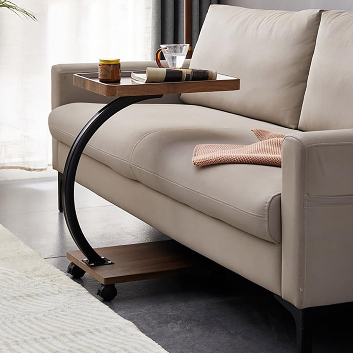 Movable C-Shaped Side Table with Wheels for Sofa