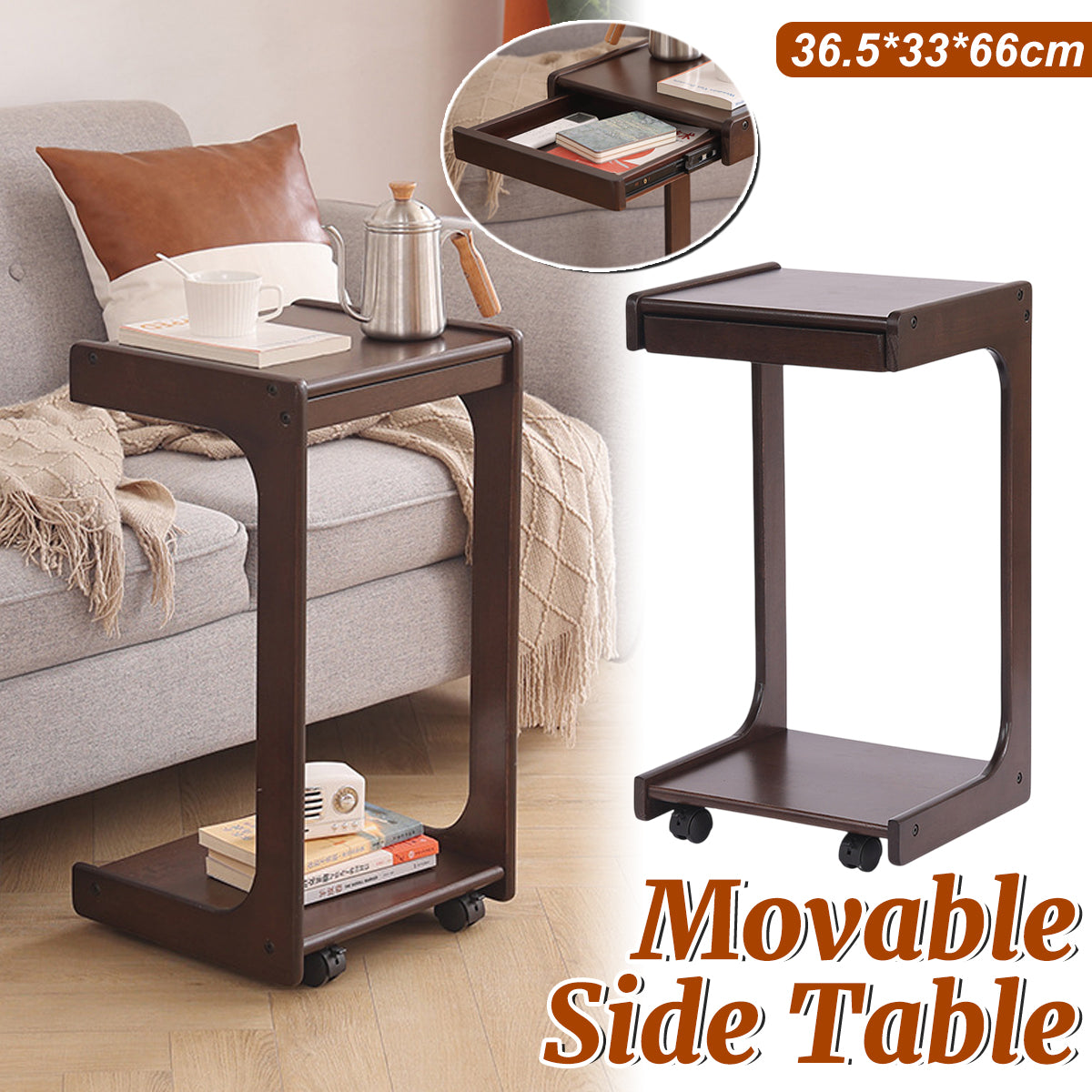 Solid Wood Rolling Coffee Table with Wheels 2-Tier Design