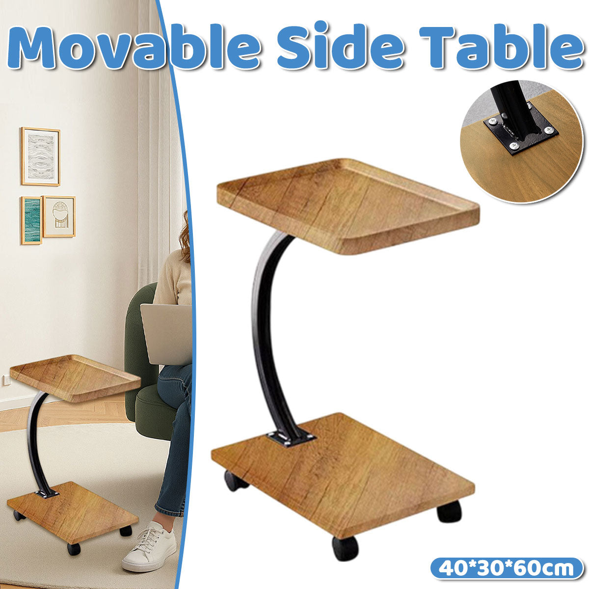 Movable Coffee Side Table Wooden Laptop Desk for Sofa Bedside