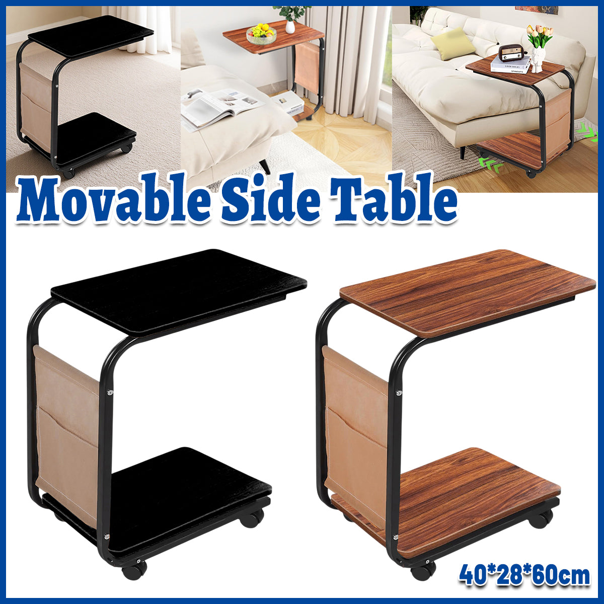 Movable Side Table with Wheels for Sofa Bedroom Living Room