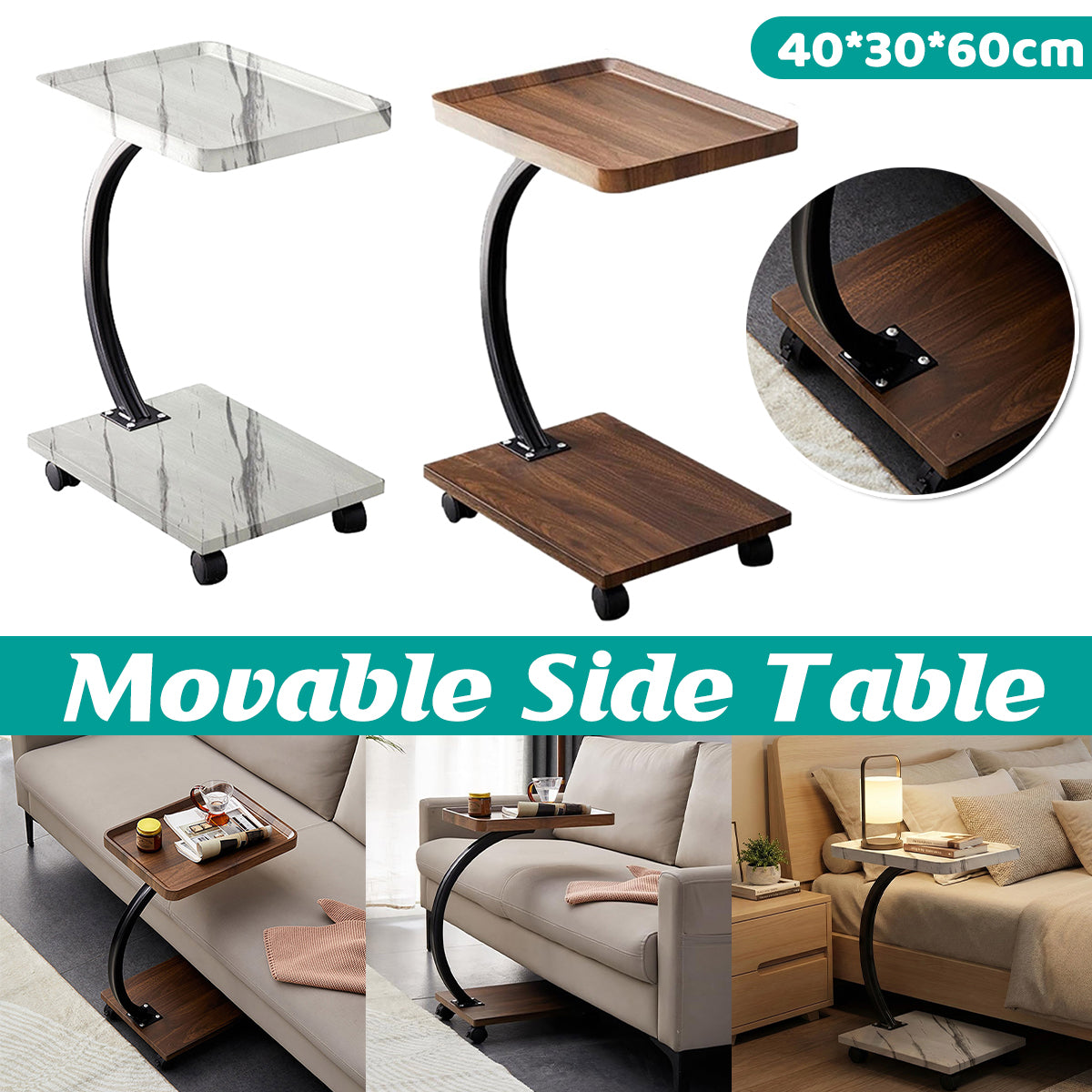 Movable C-Shaped Side Table with Wheels for Sofa