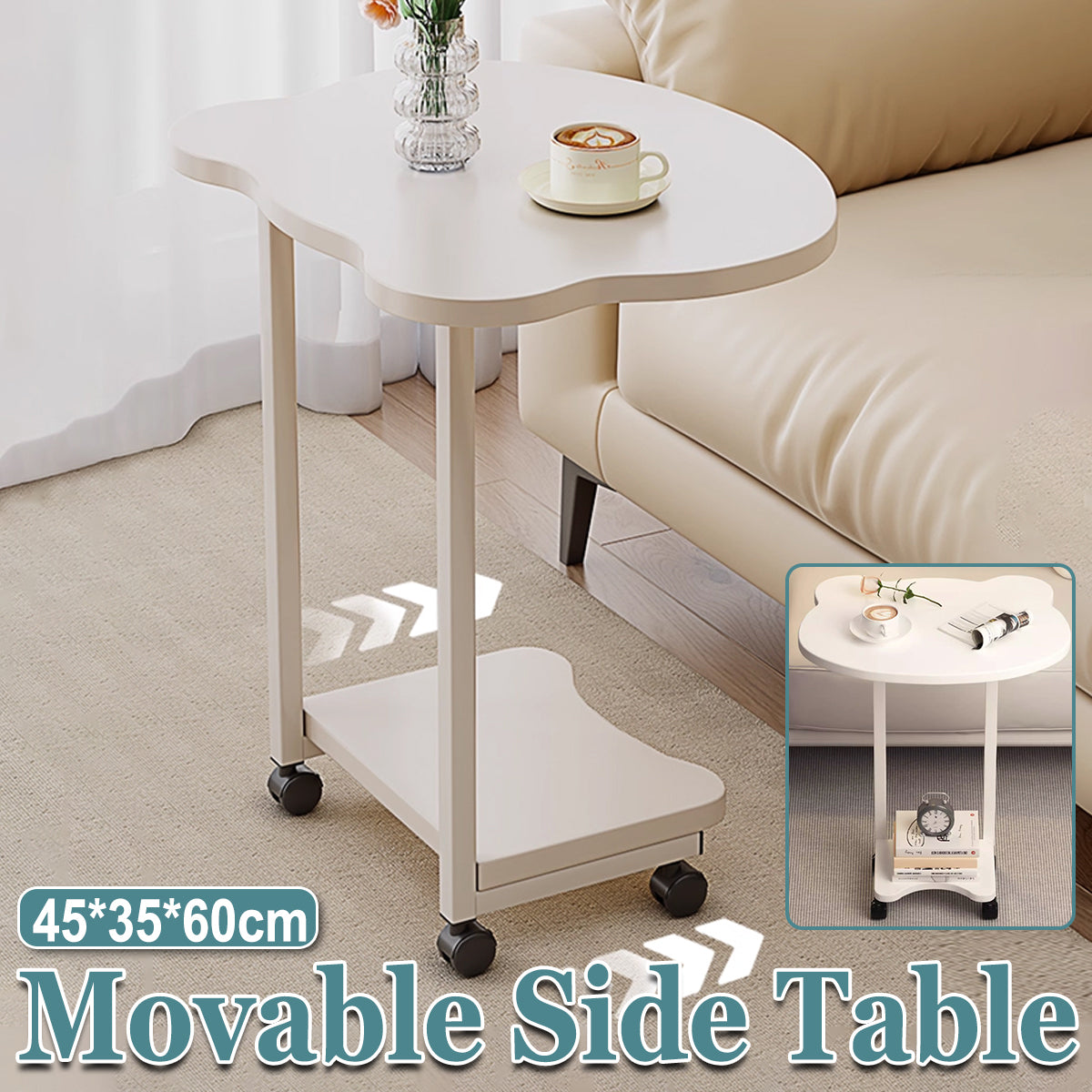 Moveable Side Table with Rolling Wheels for Sofa and Bedside