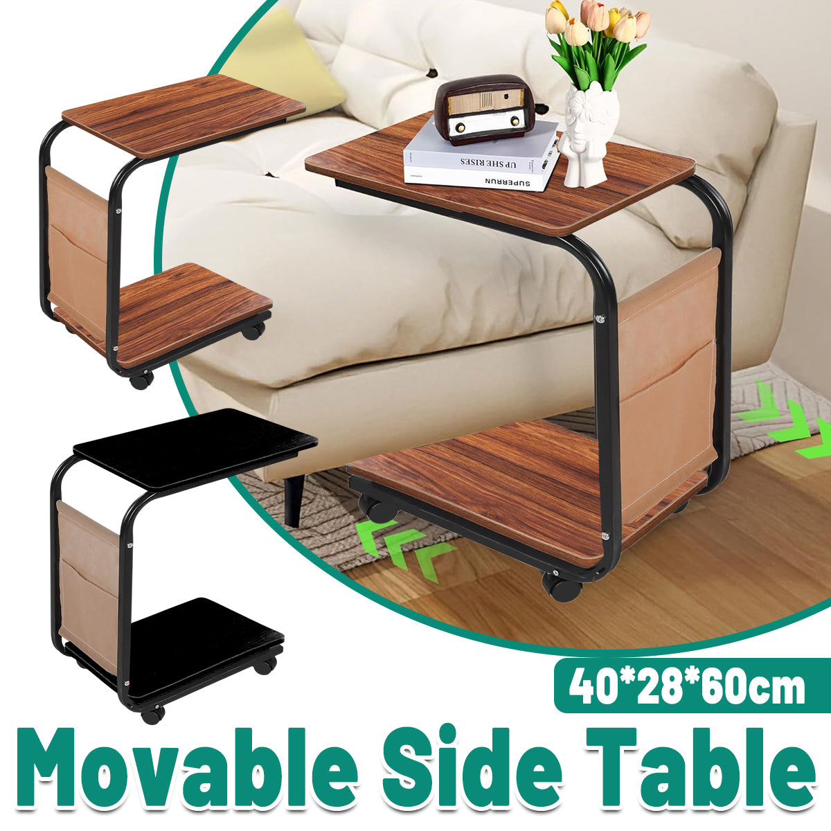 Movable Side Table with Wheels for Sofa Bedroom Living Room