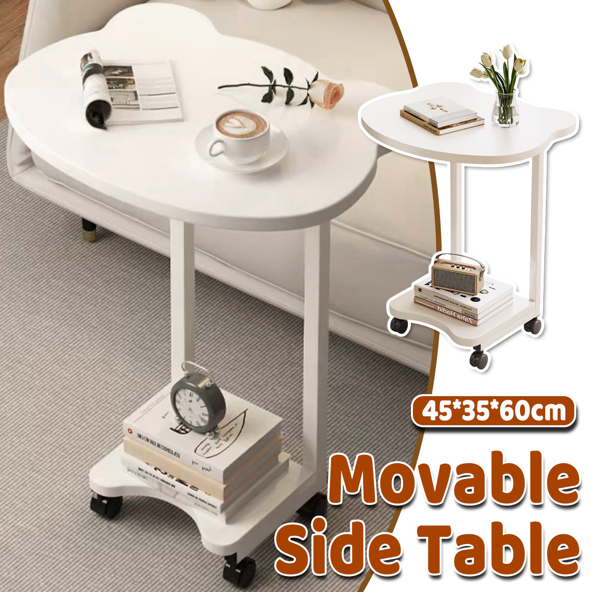 Moveable Side Table with Rolling Wheels for Sofa and Bedside